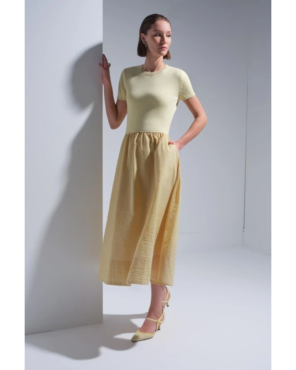 Join Us Bisiklet Yaka Kumaş Etekli Sarı Midi Elbise 2025S146