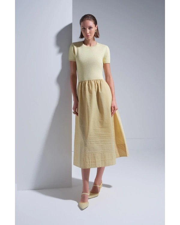 Join Us Bisiklet Yaka Kumaş Etekli Sarı Midi Elbise 2025S146