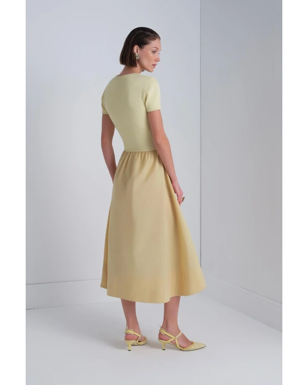 Join Us Bisiklet Yaka Kumaş Etekli Sarı Midi Elbise 2025S146