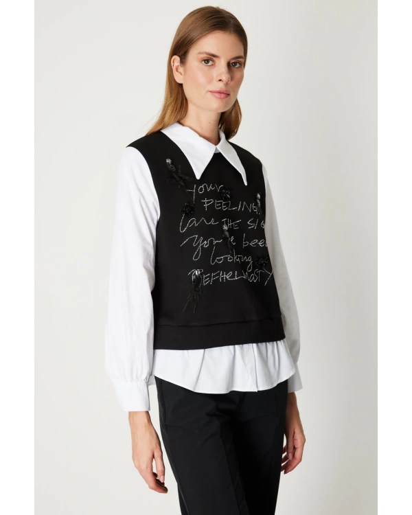 On Fashion İşlemeli Süveterli Gömlekli Bluz 66332