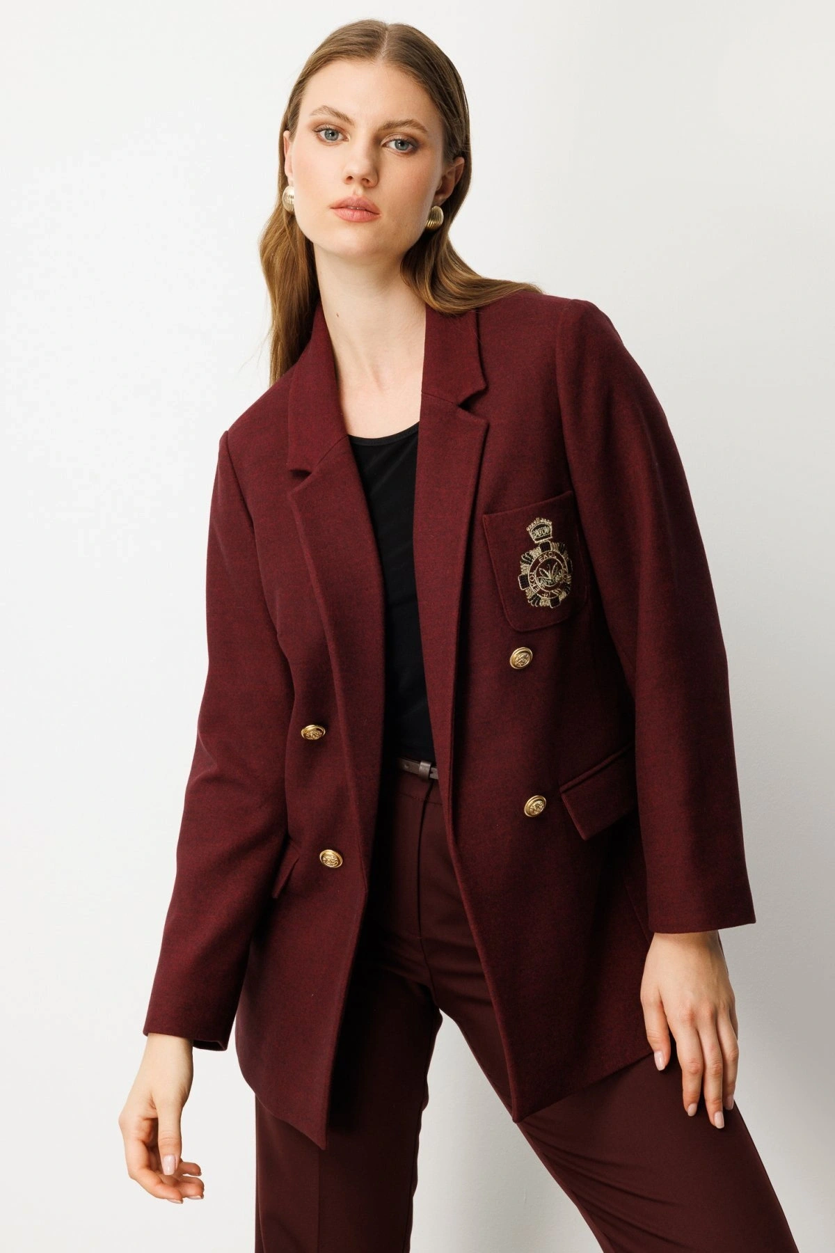 Ekol Büyük Beden Cebi Armalı Bordo Kadın Ceket 05571