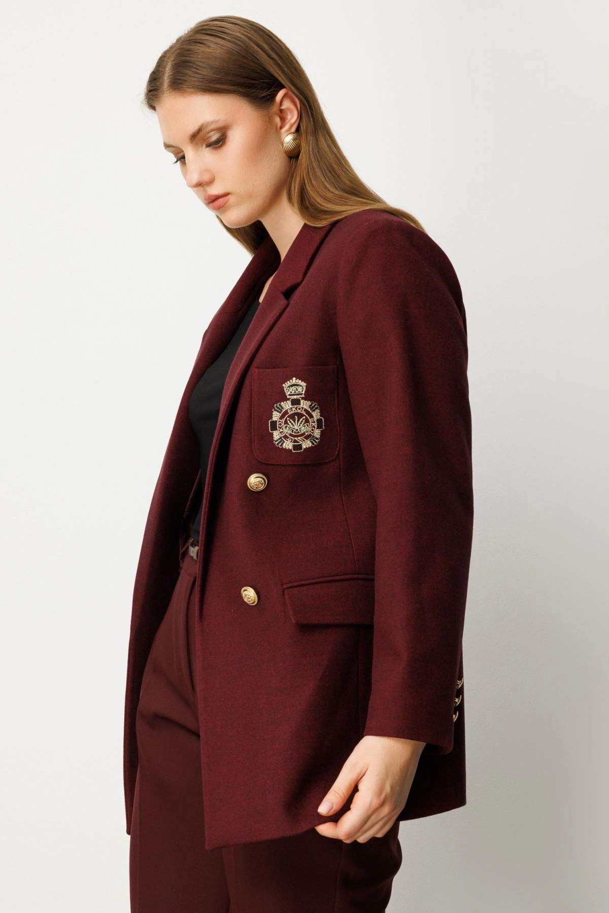 Ekol Büyük Beden Cebi Armalı Bordo Kadın Ceket 05571