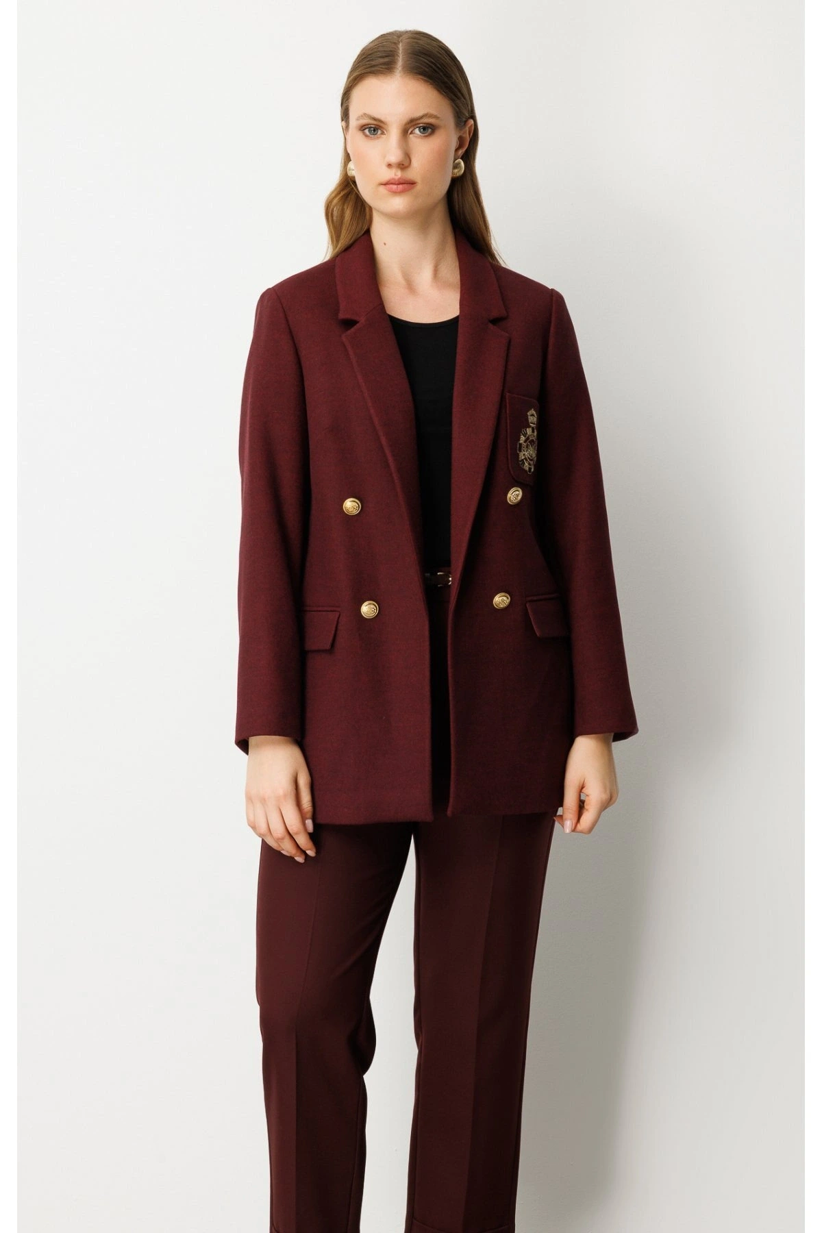 Ekol Büyük Beden Cebi Armalı Bordo Kadın Ceket 05571