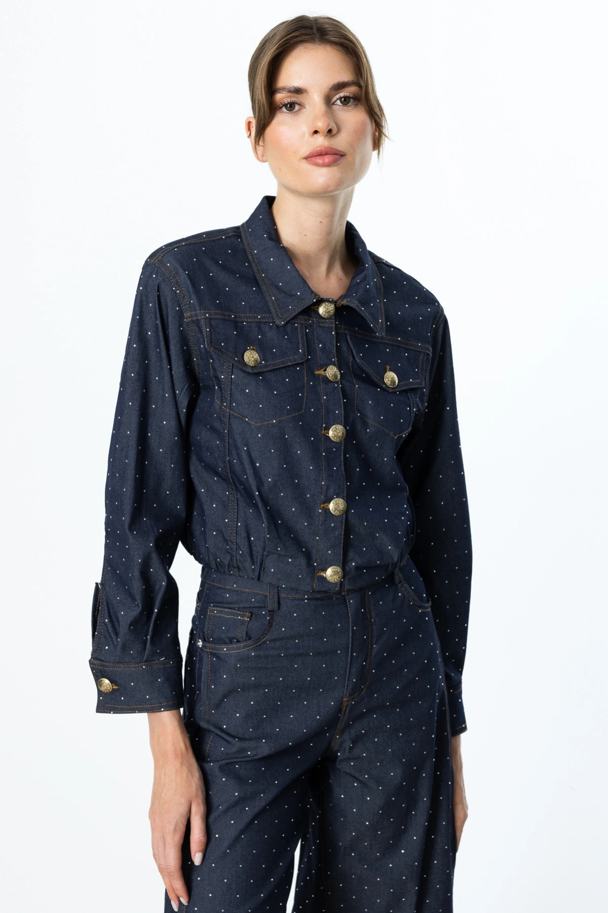 On Fashion Etek Ucu Pile Detaylı Taşlı Kadın İndigo Ceket 56514