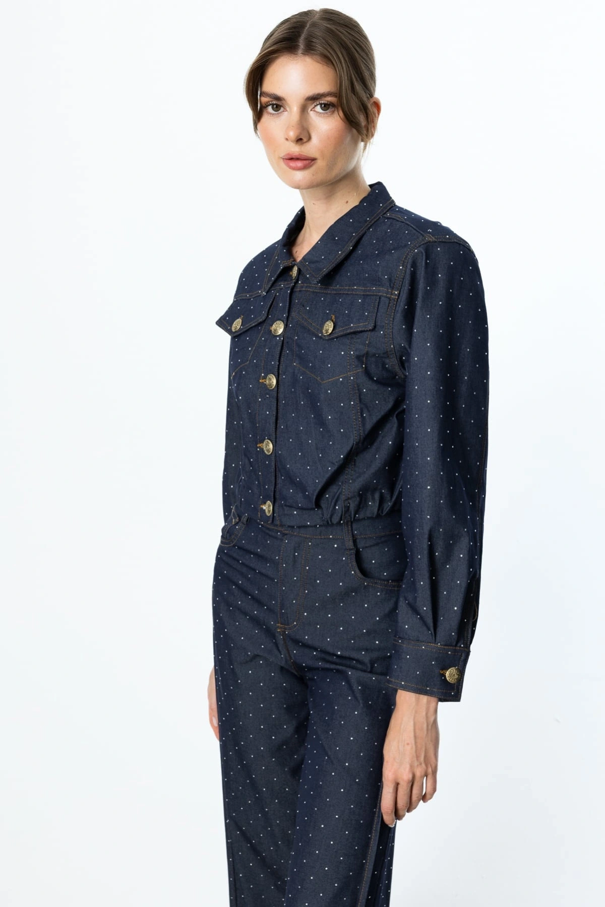 On Fashion Etek Ucu Pile Detaylı Taşlı Kadın İndigo Ceket 56514