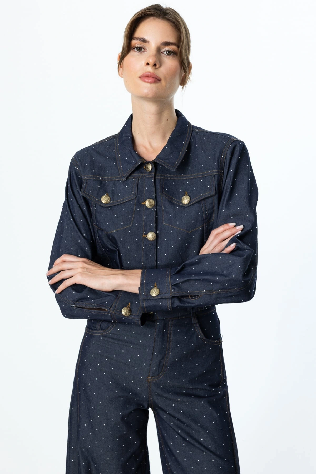 On Fashion Etek Ucu Pile Detaylı Taşlı Kadın İndigo Ceket 56514