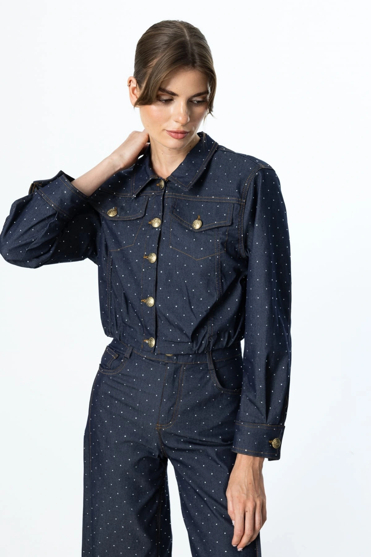 On Fashion Etek Ucu Pile Detaylı Taşlı Kadın İndigo Ceket 56514