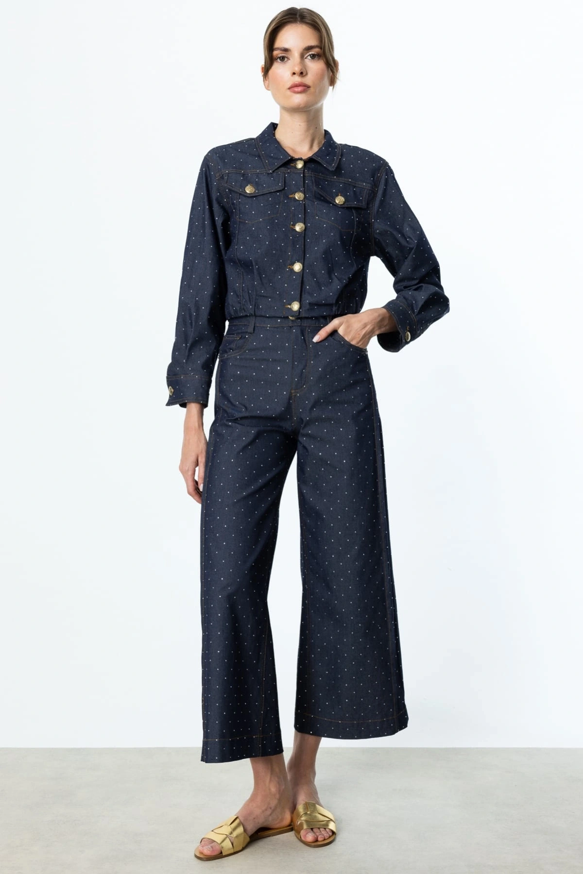 On Fashion Etek Ucu Pile Detaylı Taşlı Kadın İndigo Ceket 56514