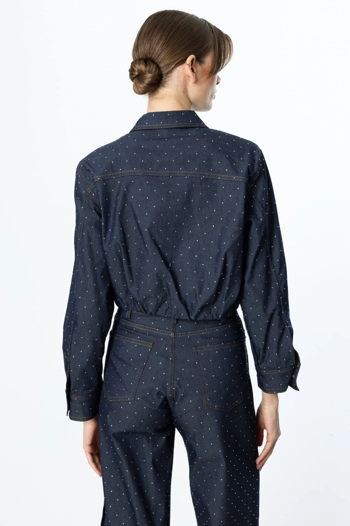 On Fashion Etek Ucu Pile Detaylı Taşlı Kadın İndigo Ceket 56514