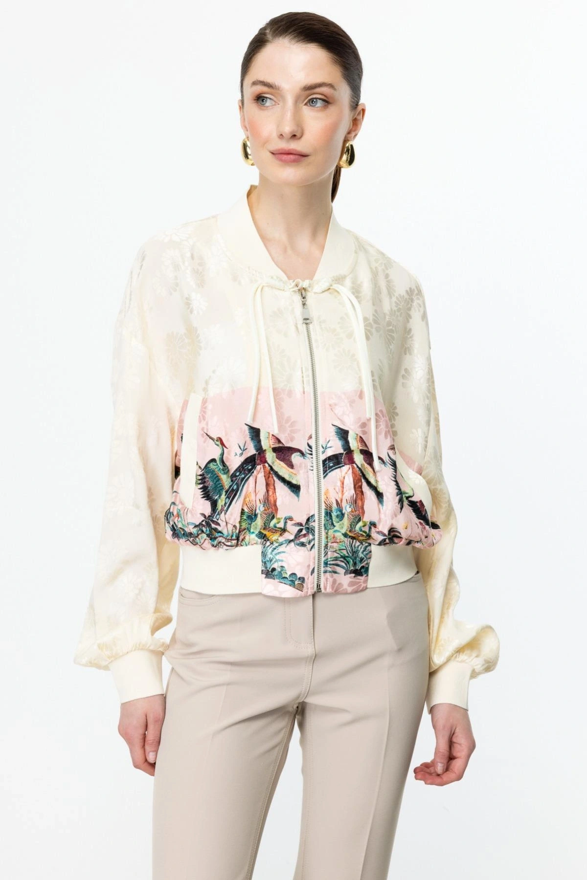 On Fashion Kadın Desenli Parlak Kumaş Pembe Ceket 56511