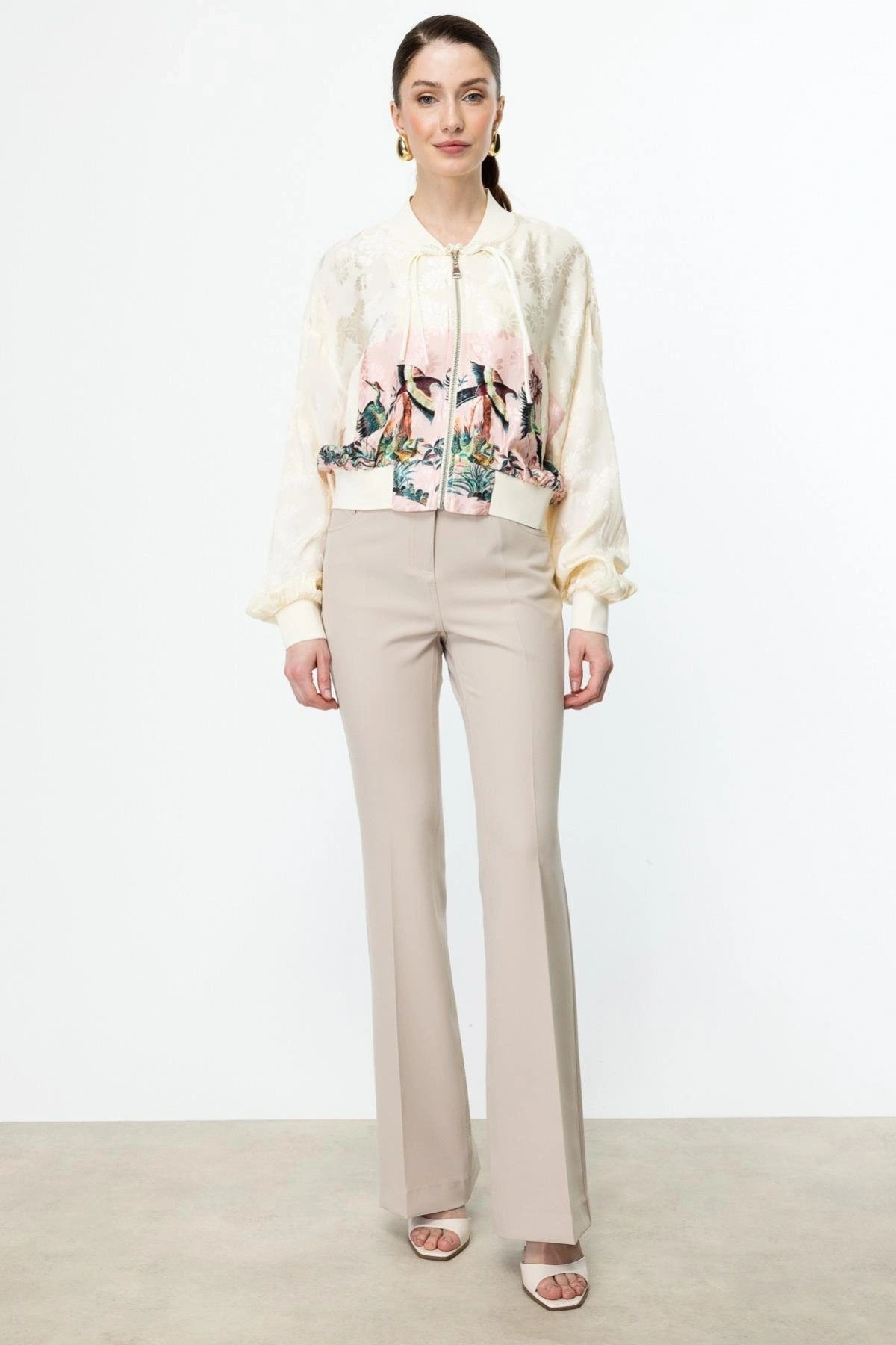 On Fashion Kadın Desenli Parlak Kumaş Pembe Ceket 56511