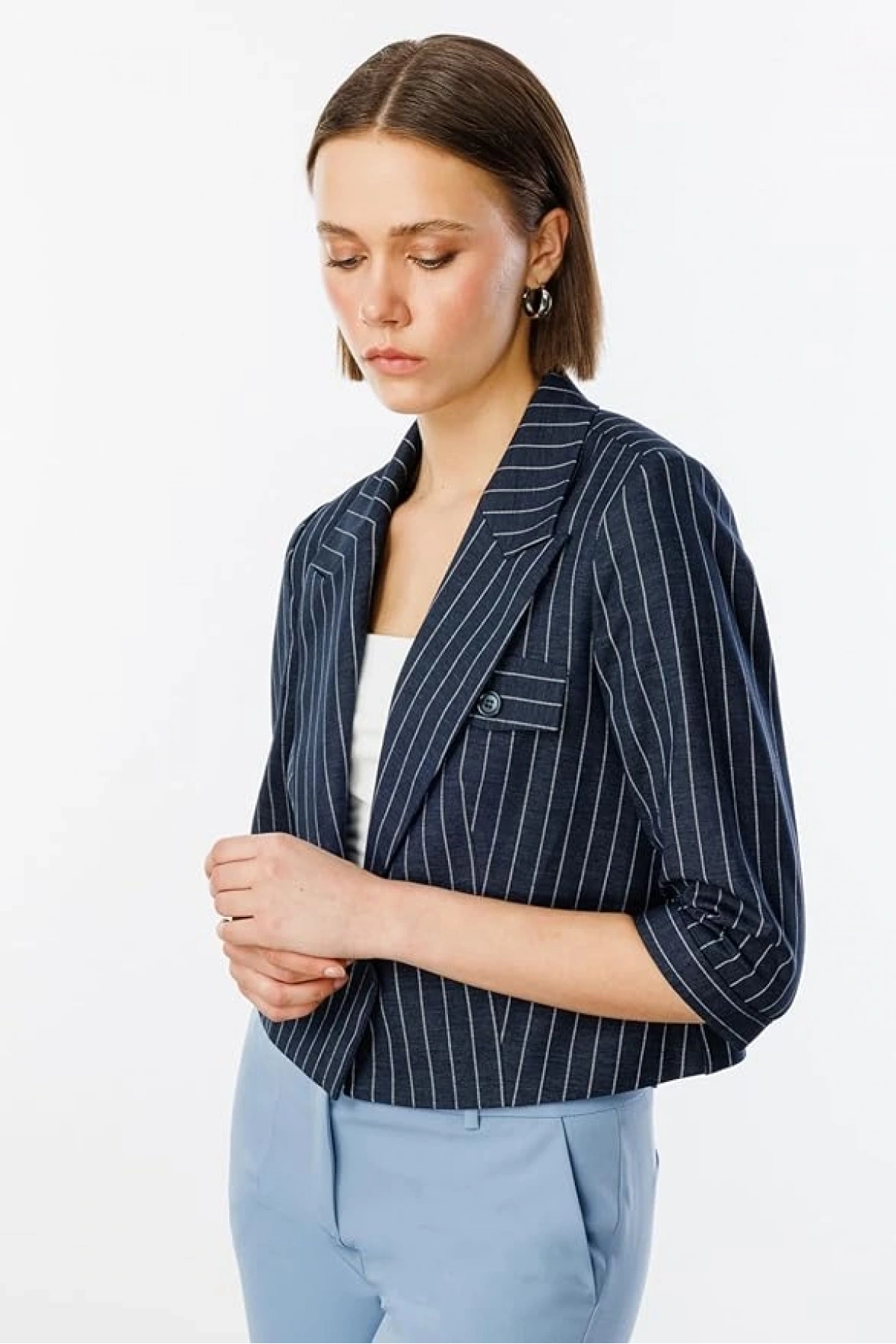 Ekol Kadın Çizgili Yarım Kol Lacivert Ceket 04048