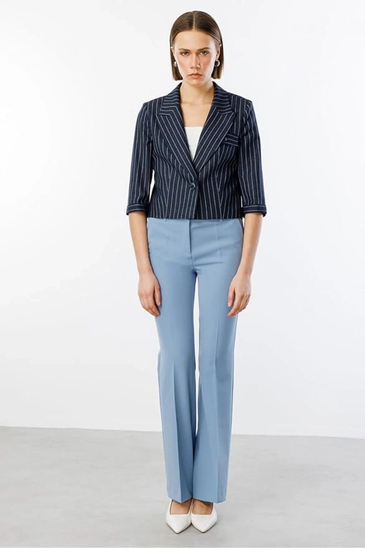 Ekol Kadın Çizgili Yarım Kol Lacivert Ceket 04048