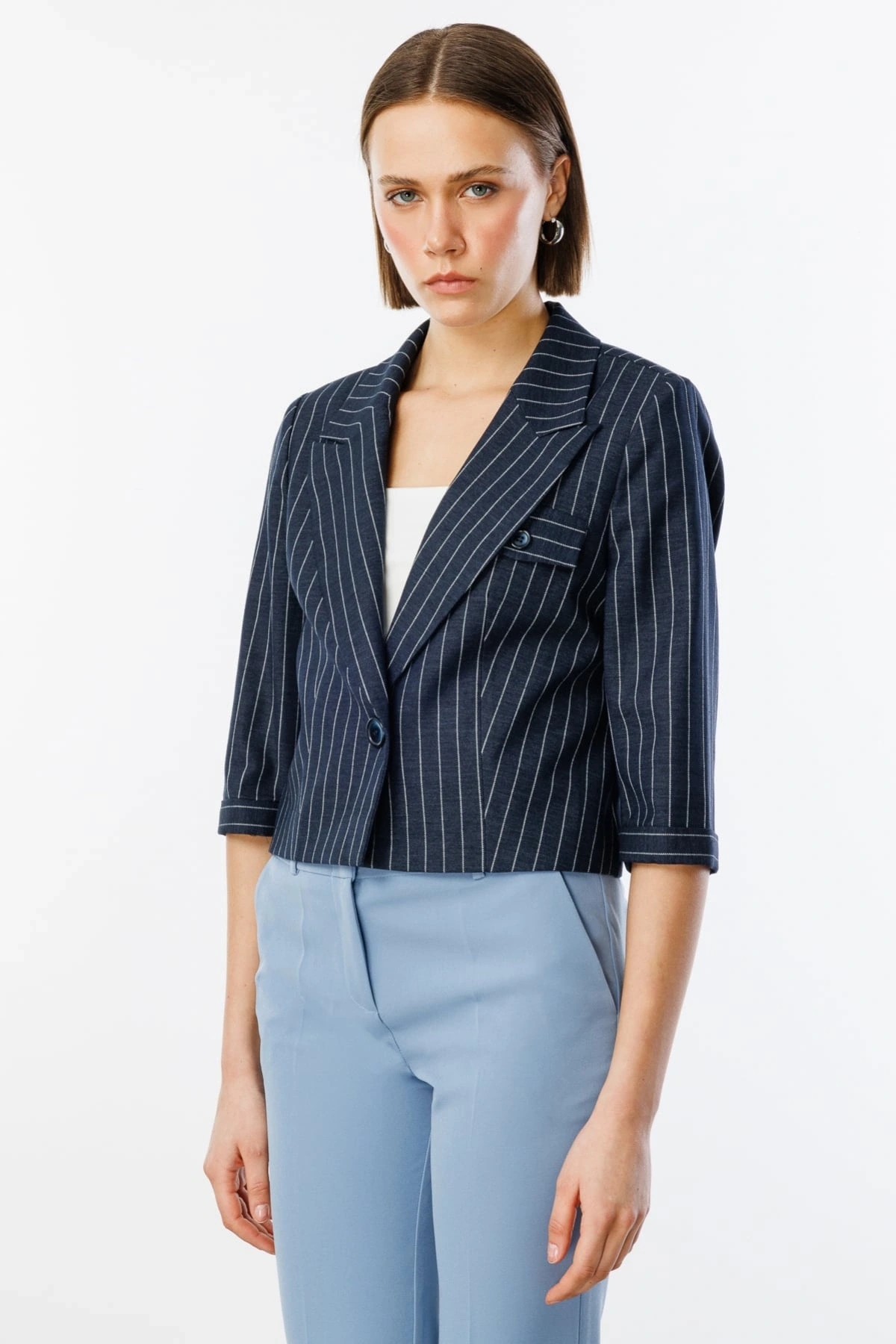 Ekol Kadın Çizgili Yarım Kol Lacivert Ceket 04048