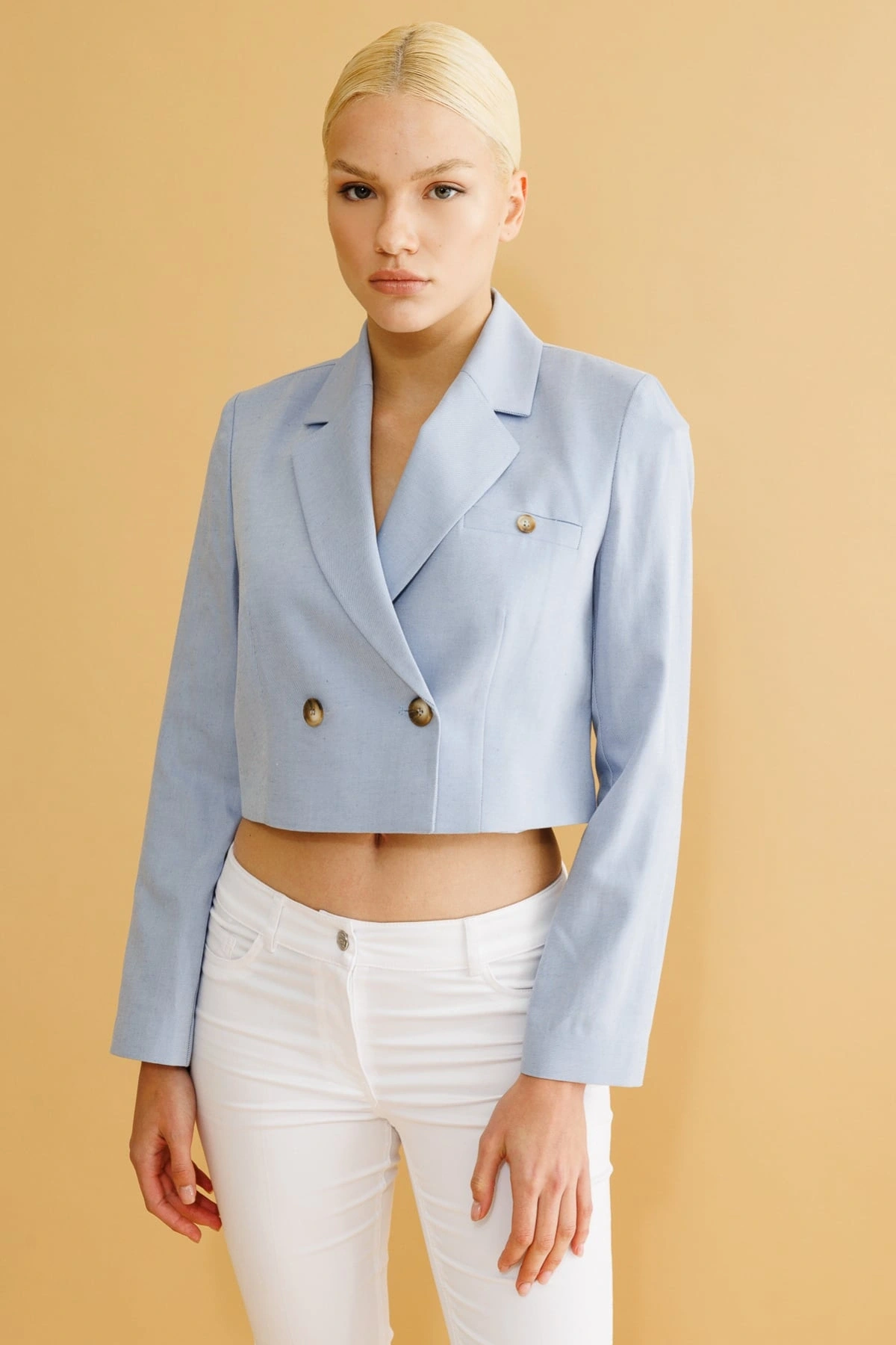 Ekol Kadın Düğmeli Mavi Crop Ceket 04076