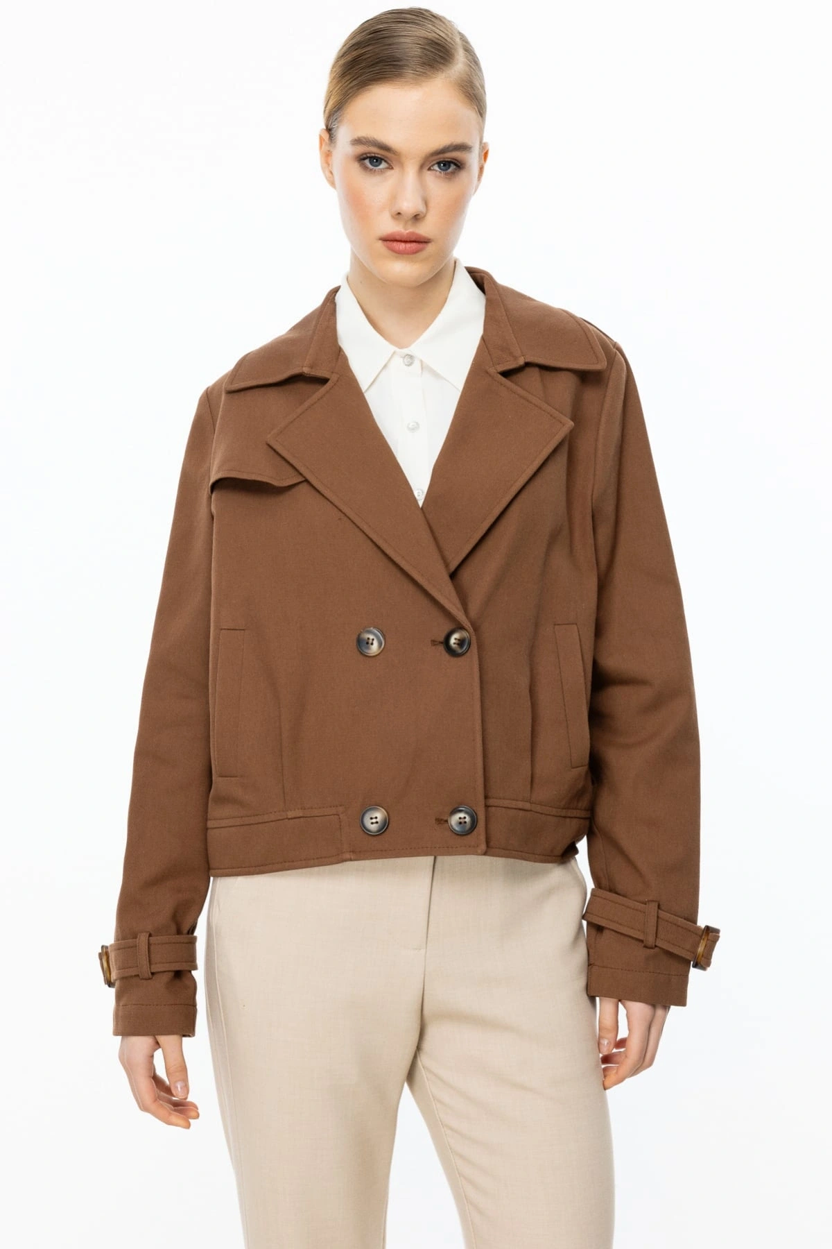 Ekol Kadın Çift Düğmeli Kakao Renk Mini Kot Ceket 06014