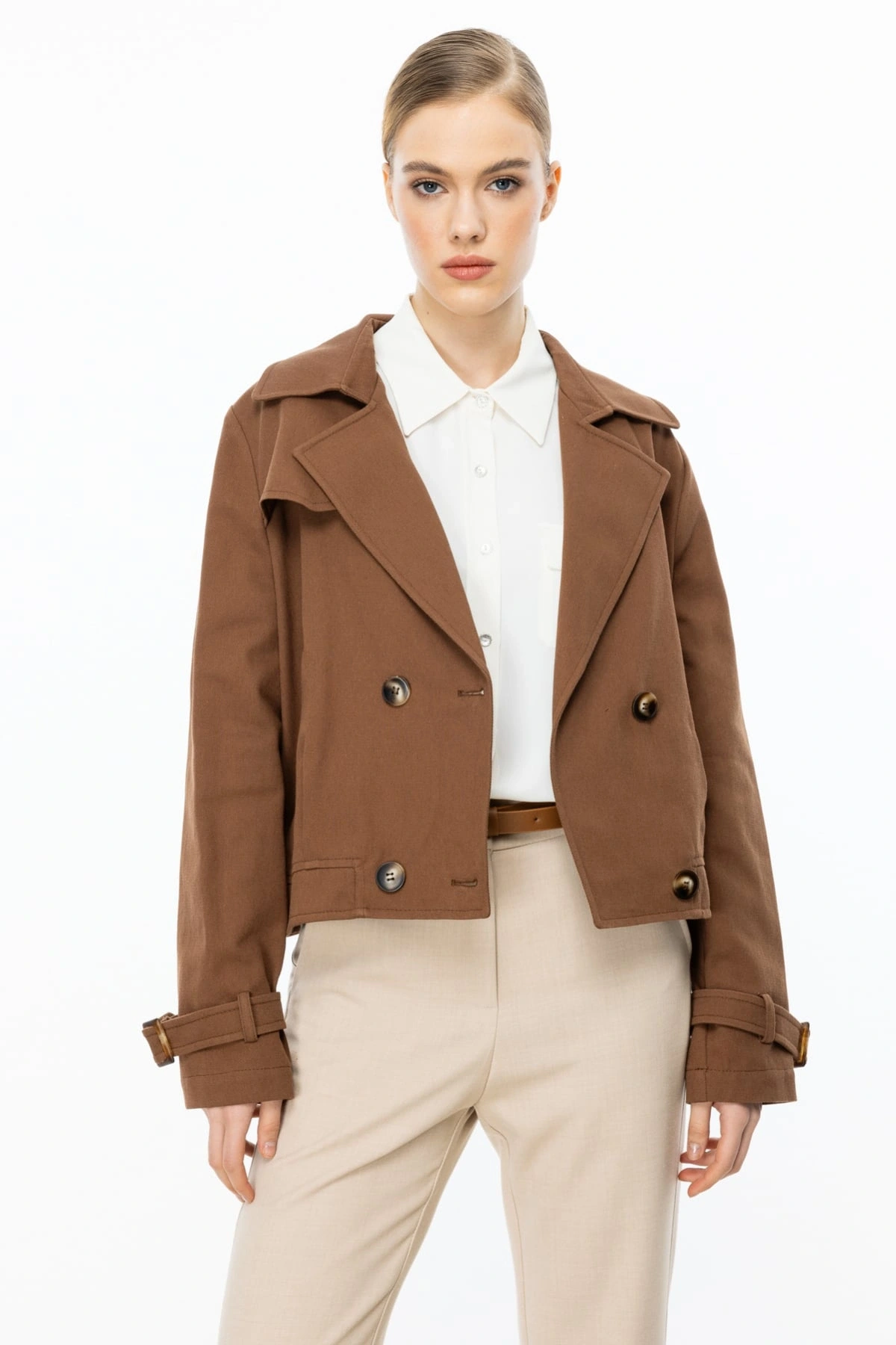 Ekol Kadın Çift Düğmeli Kakao Renk Mini Kot Ceket 06014