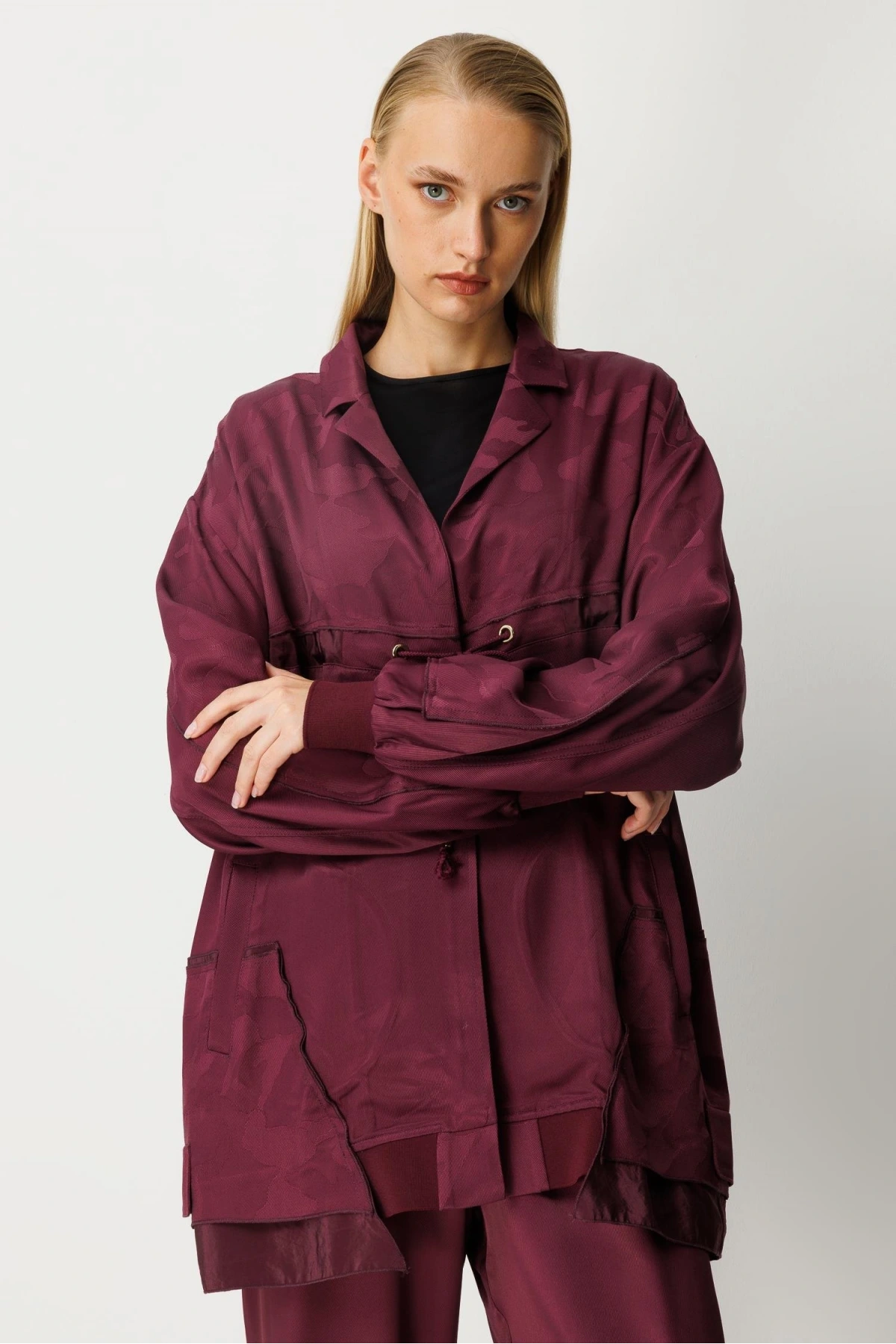 Ghisa Kadın Kendinden Desenli Mürdüm Ceket Takım 26KGSTKM3151