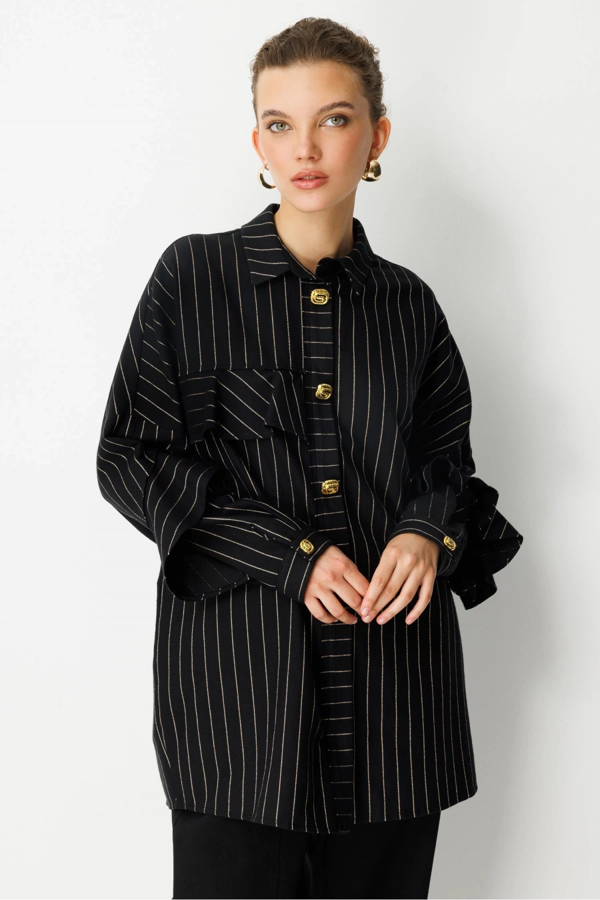 Ghisa Kadın Çizgili Düğme Detaylı Siyah Takım 25YGSTKM4975