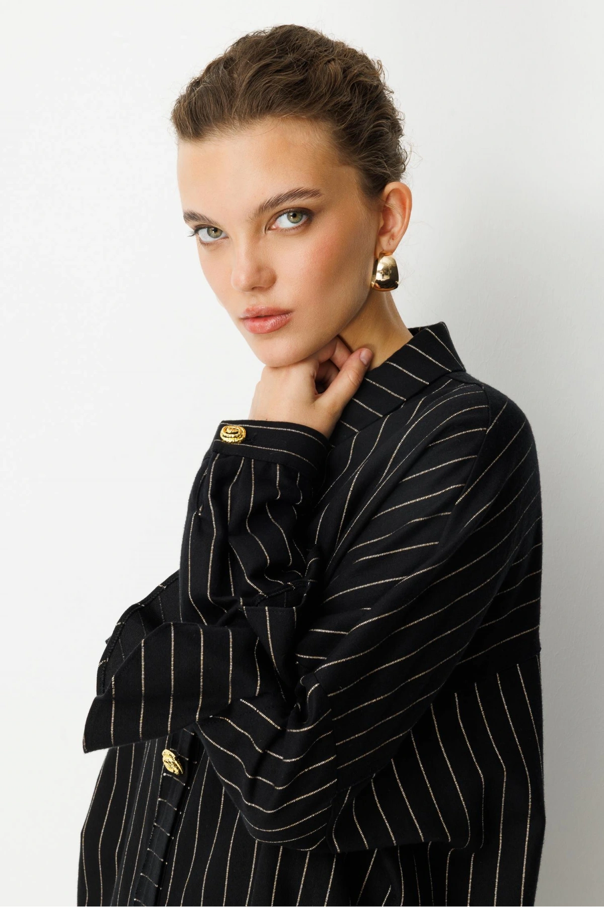 Ghisa Kadın Çizgili Düğme Detaylı Siyah Takım 25YGSTKM4975