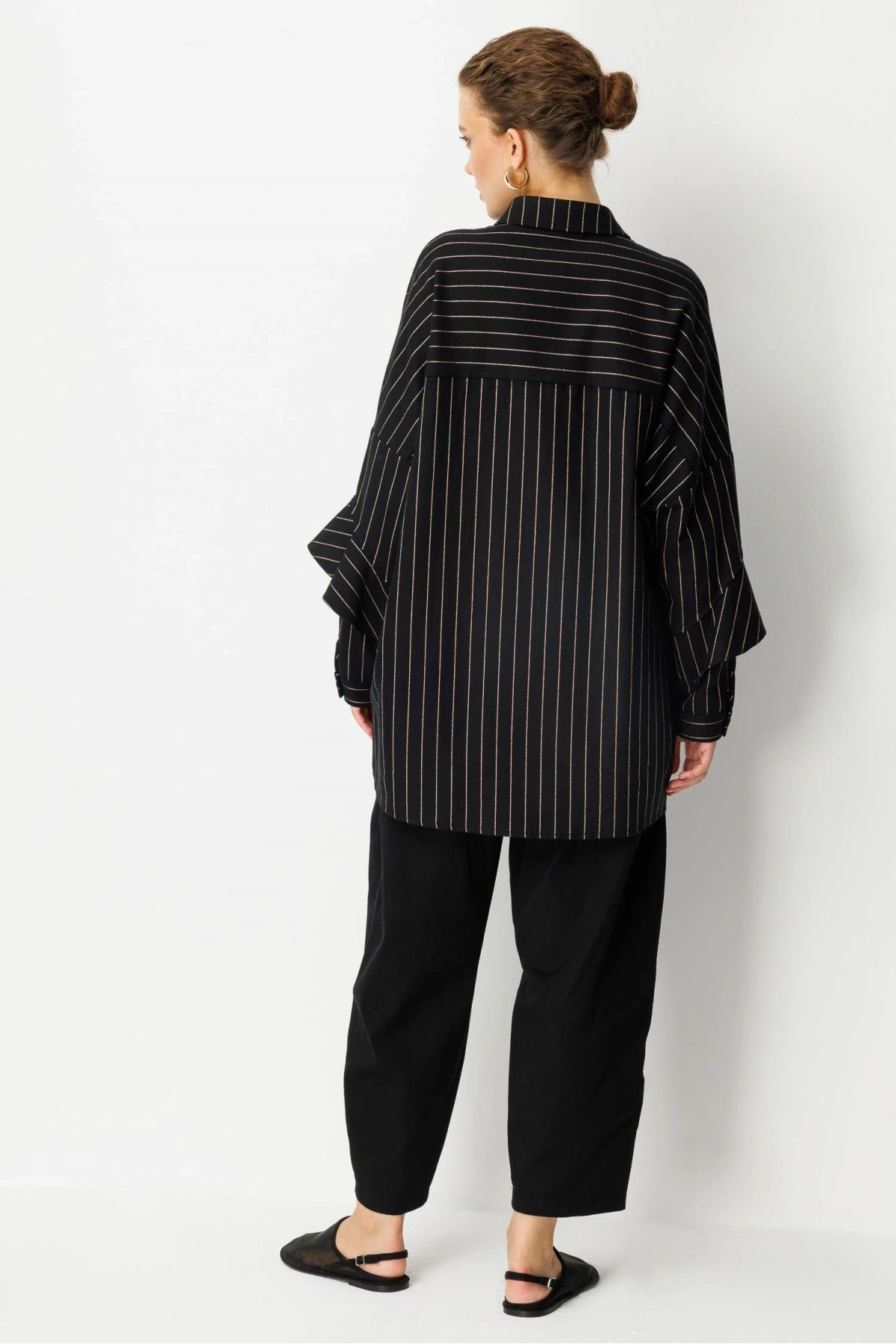 Ghisa Kadın Çizgili Düğme Detaylı Siyah Takım 25YGSTKM4975