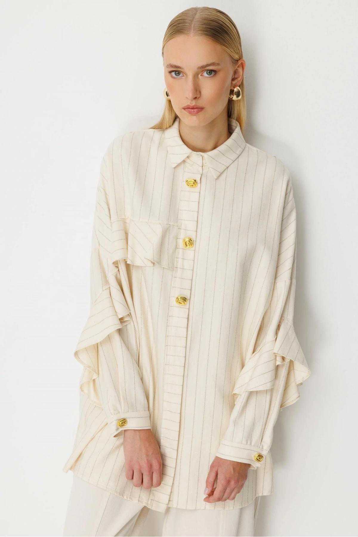 Ghisa Kadın Çizgili Düğme Detaylı Ekru Takım 25YGSTKM4975