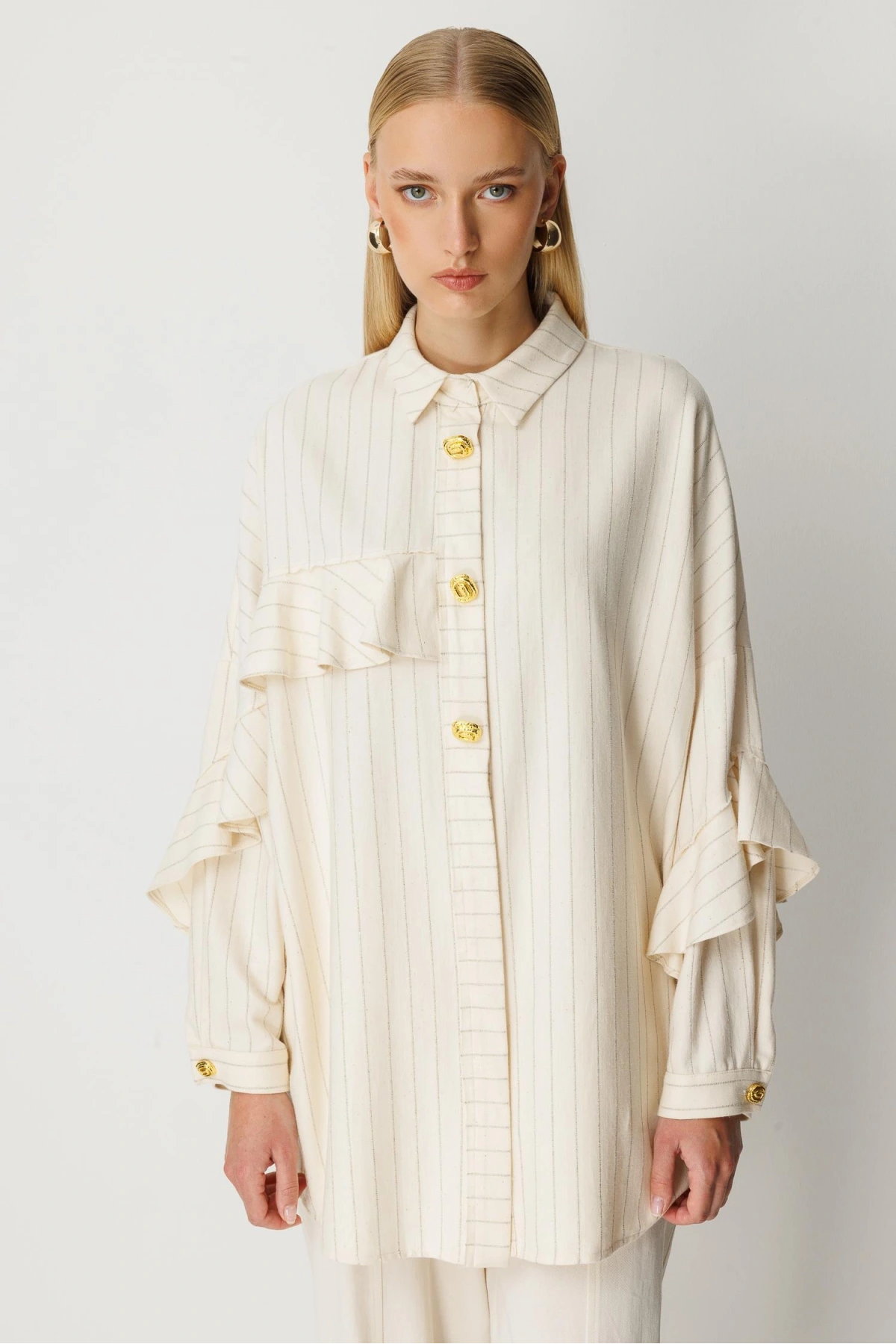 Ghisa Kadın Çizgili Düğme Detaylı Ekru Takım 25YGSTKM4975