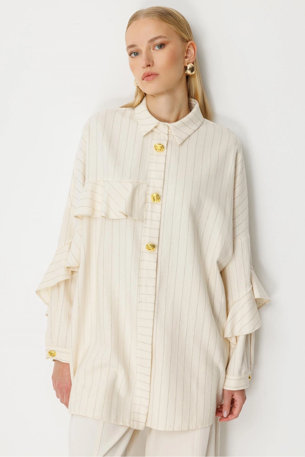 Ghisa Kadın Çizgili Düğme Detaylı Ekru Takım 25YGSTKM4975