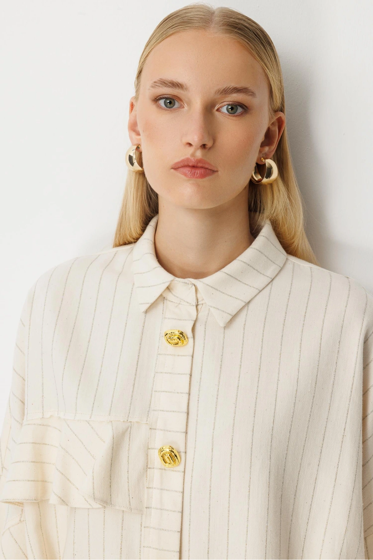 Ghisa Kadın Çizgili Düğme Detaylı Ekru Takım 25YGSTKM4975