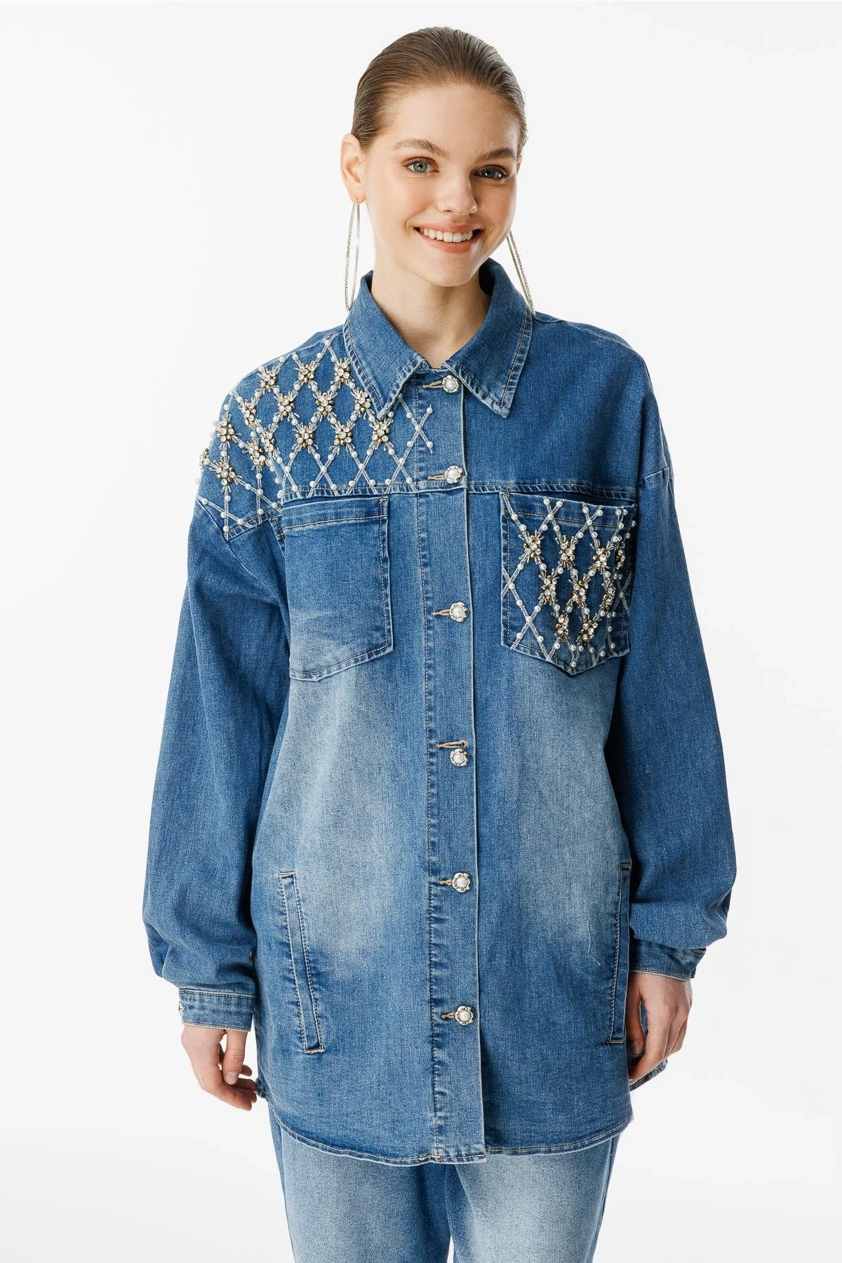 Ghisa Kadın İncili ve Taşlı Mavi Kot Takım 25YGSTKM3952