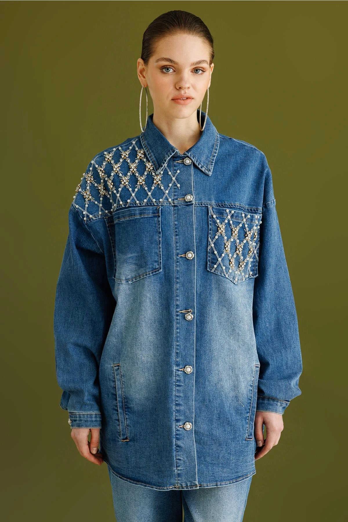 Ghisa Kadın İncili ve Taşlı Mavi Kot Takım 25YGSTKM3952