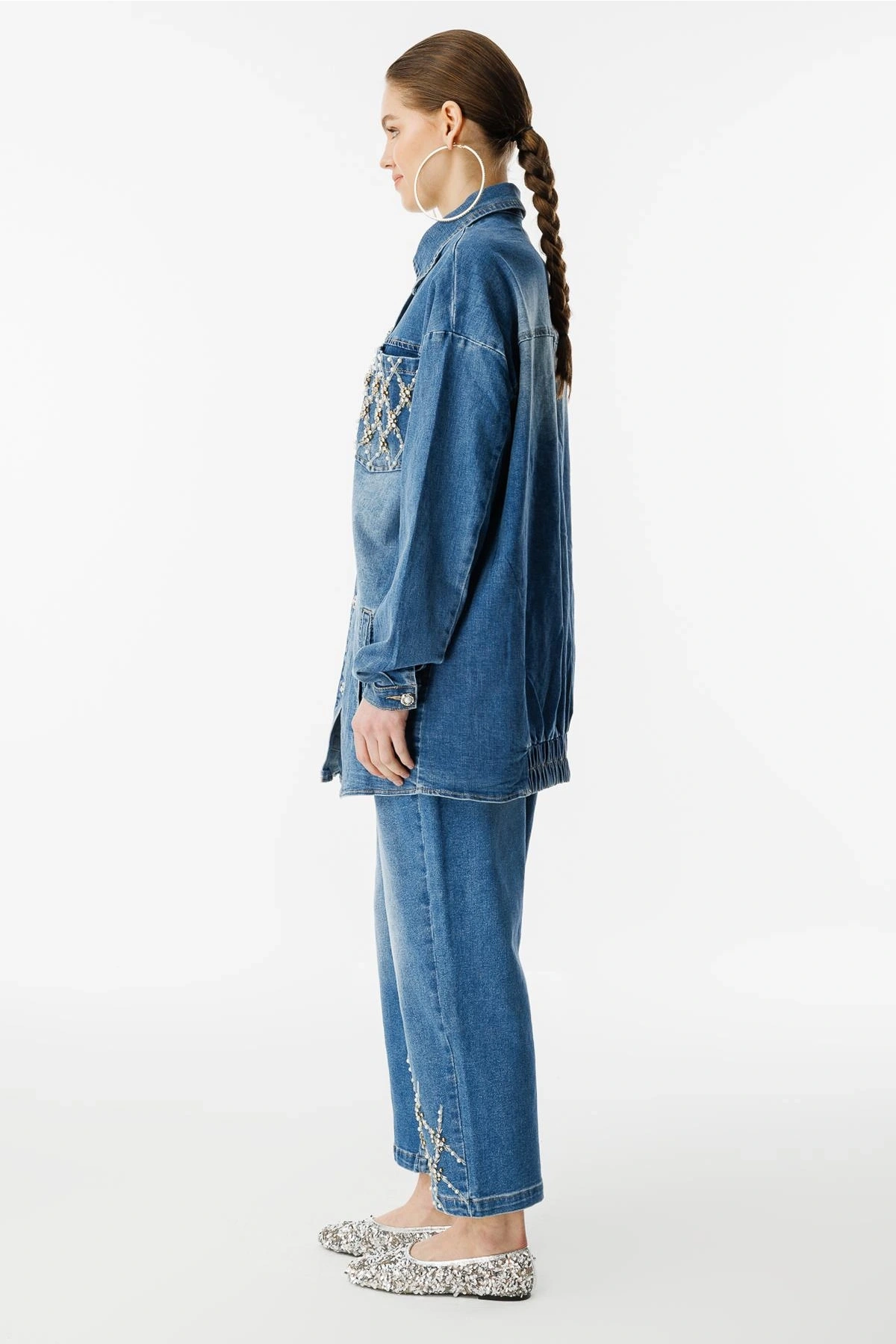 Ghisa Kadın İncili ve Taşlı Mavi Kot Takım 25YGSTKM3952