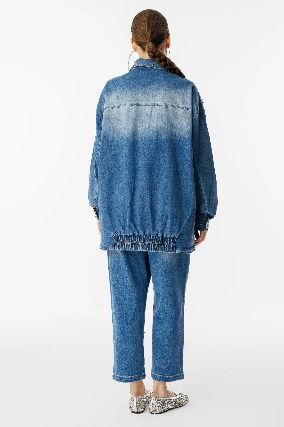 Ghisa Kadın İncili ve Taşlı Mavi Kot Takım 25YGSTKM3952