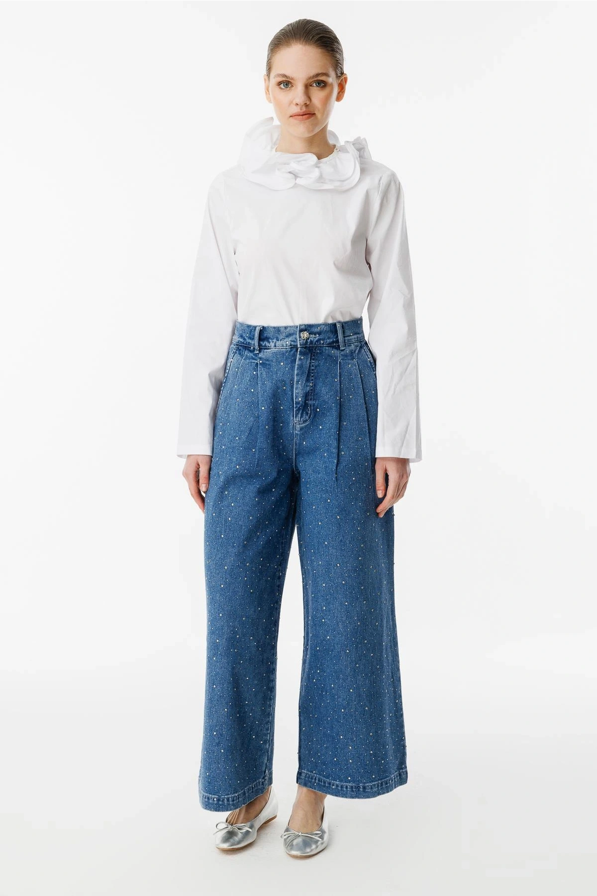 Ghisa Kadın Taşlı Pensli Mavi Palazzo Pantolon 8702