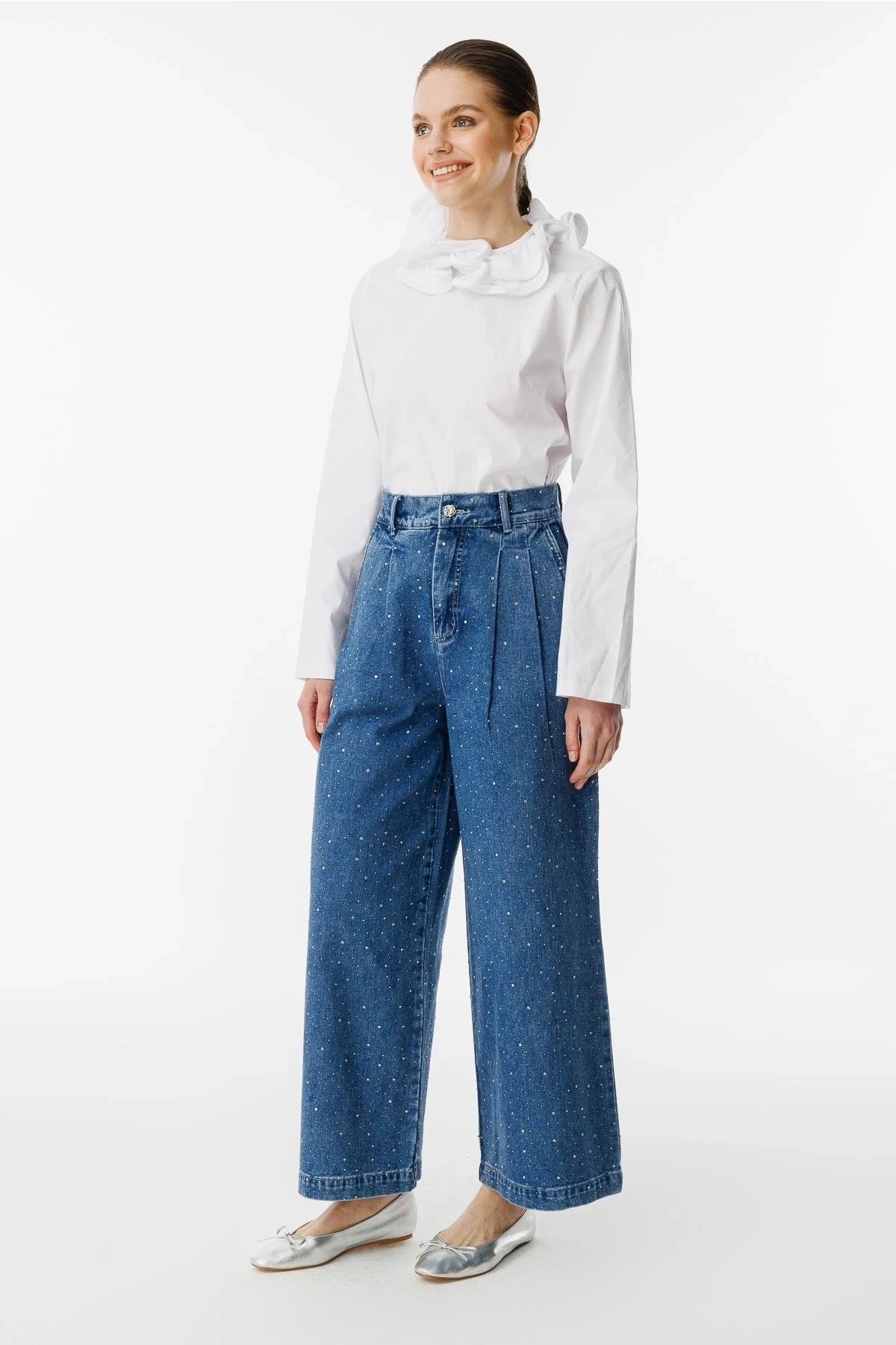 Ghisa Kadın Taşlı Pensli Mavi Palazzo Pantolon 8702