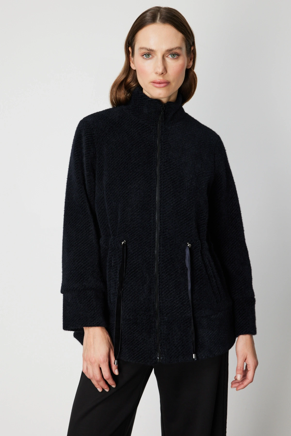 On Fashion Kadın Beli Bağcıklı Dik Yaka Siyah Mont 66721