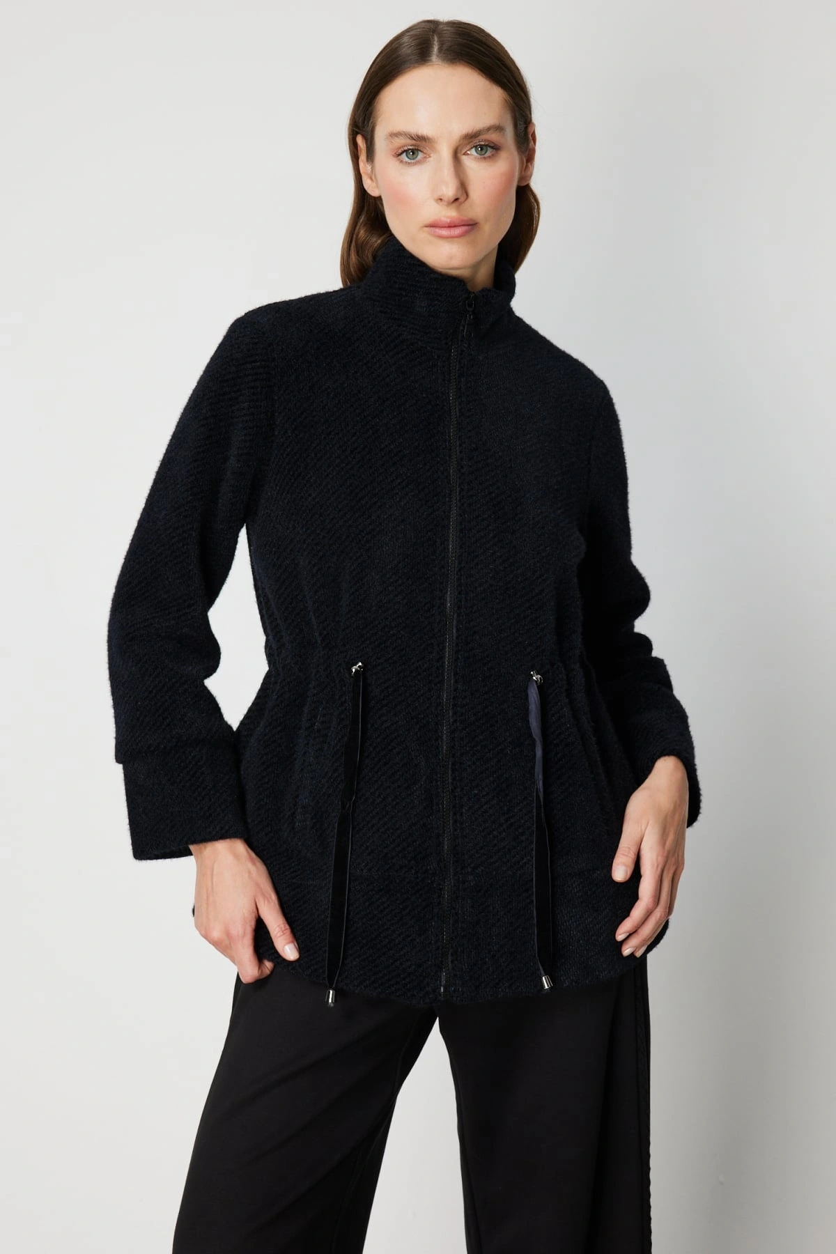 On Fashion Kadın Beli Bağcıklı Dik Yaka Siyah Mont 66721