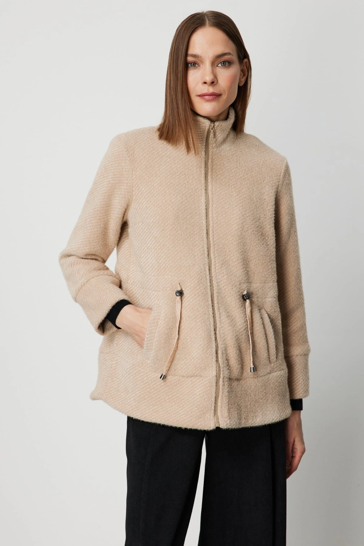 On Fashion Kadın Beli Bağcıklı Dik Yaka Vizon Mont 66721