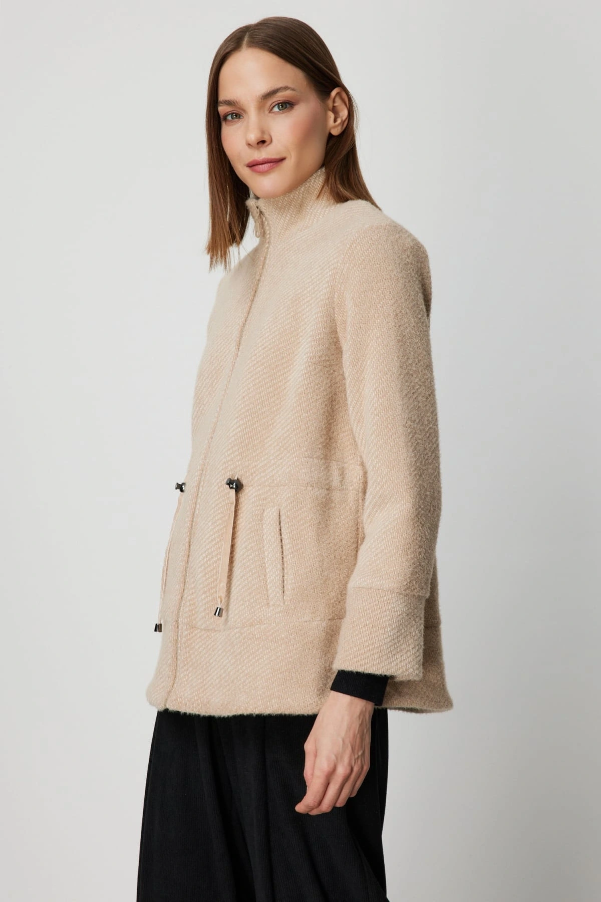 On Fashion Kadın Beli Bağcıklı Dik Yaka Vizon Mont 66721