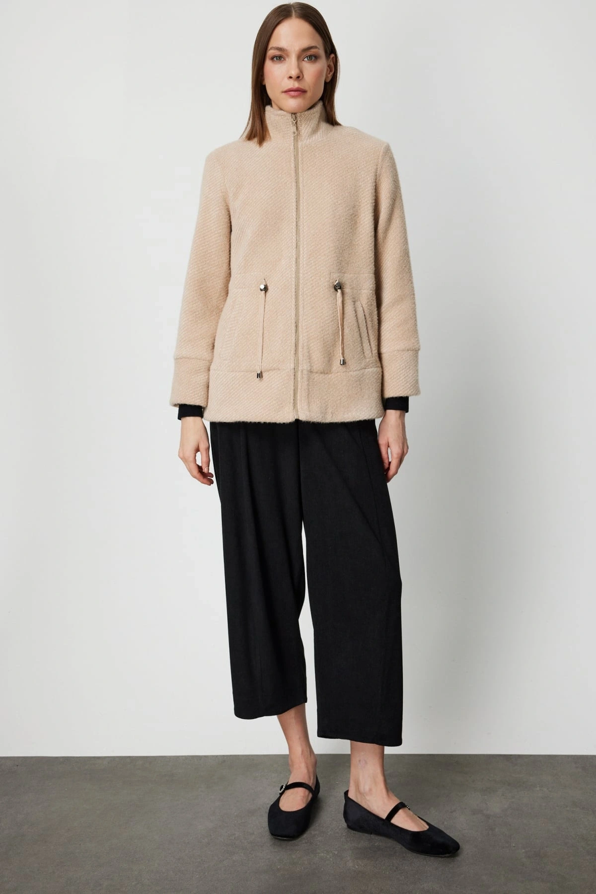 On Fashion Kadın Beli Bağcıklı Dik Yaka Vizon Mont 66721