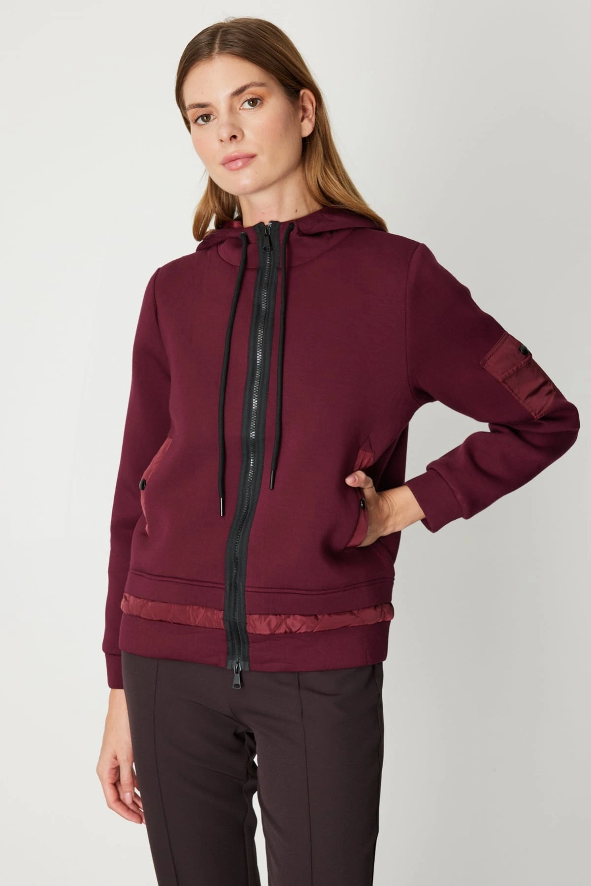 On Fashion Kadın Kapüşonlu Cepli Bordo Mont 60703