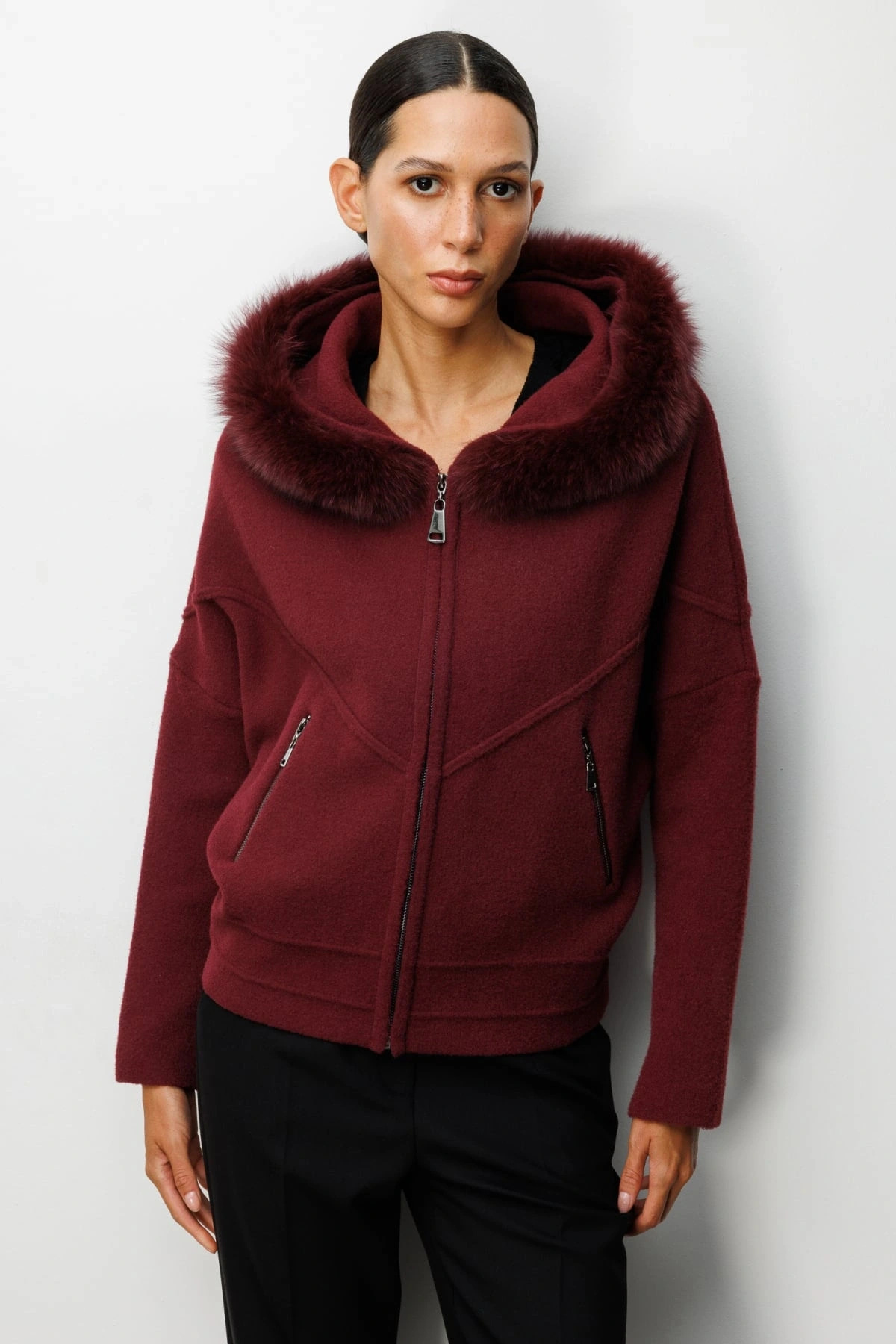 On Fashion Kadın Yakası Kürklü Fermuarlı Bordo Hırka 63908