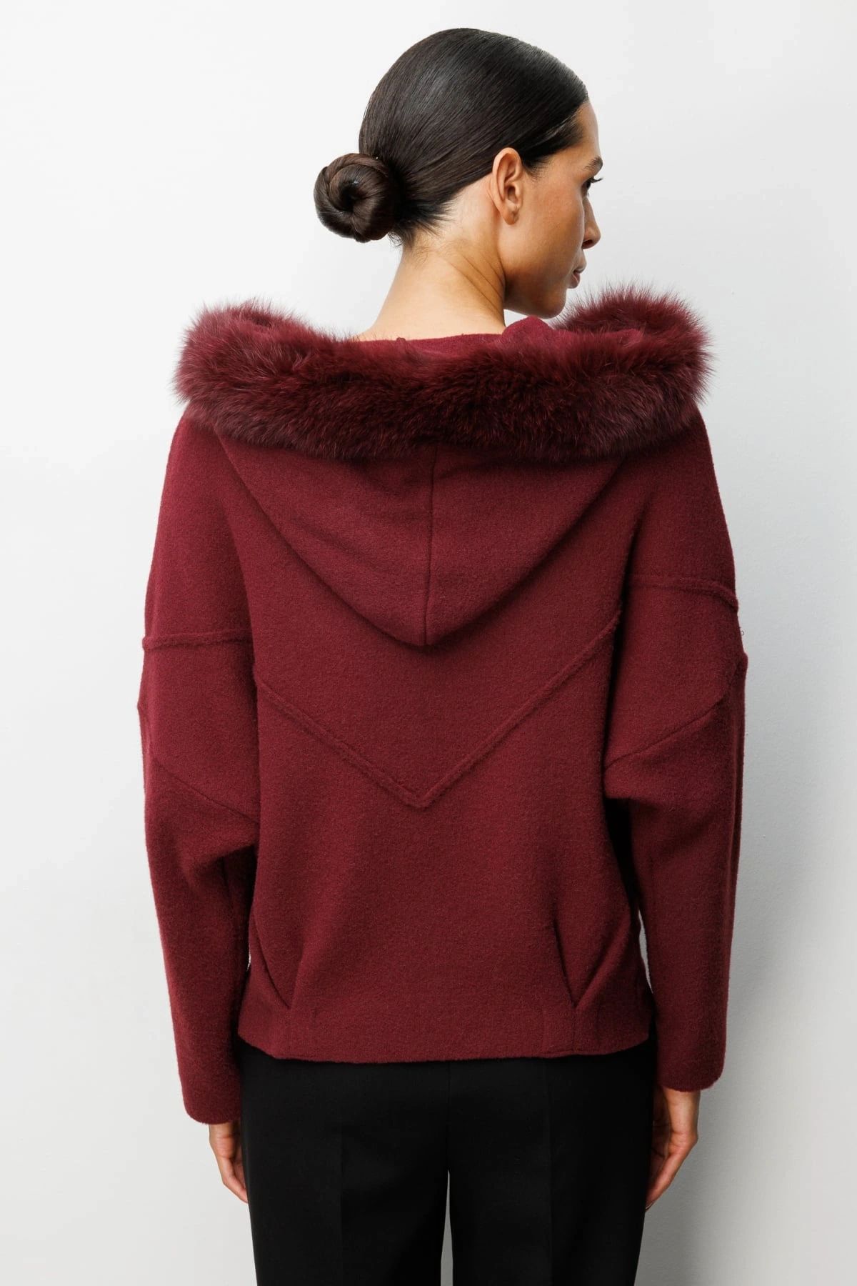 On Fashion Kadın Yakası Kürklü Fermuarlı Bordo Hırka 63908