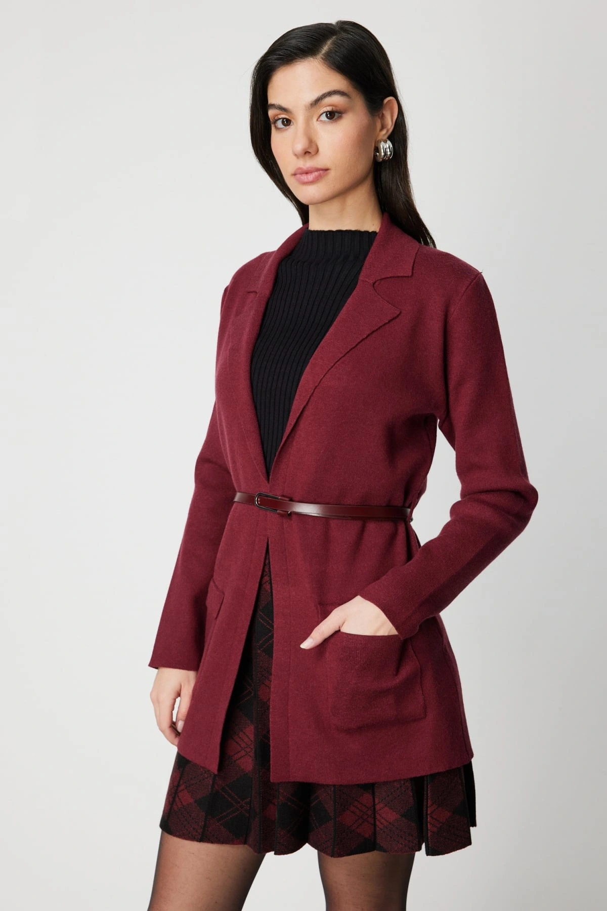 On Fashion Kadın Önü Açık Cepli Kemerli Bordo Hırka 69907