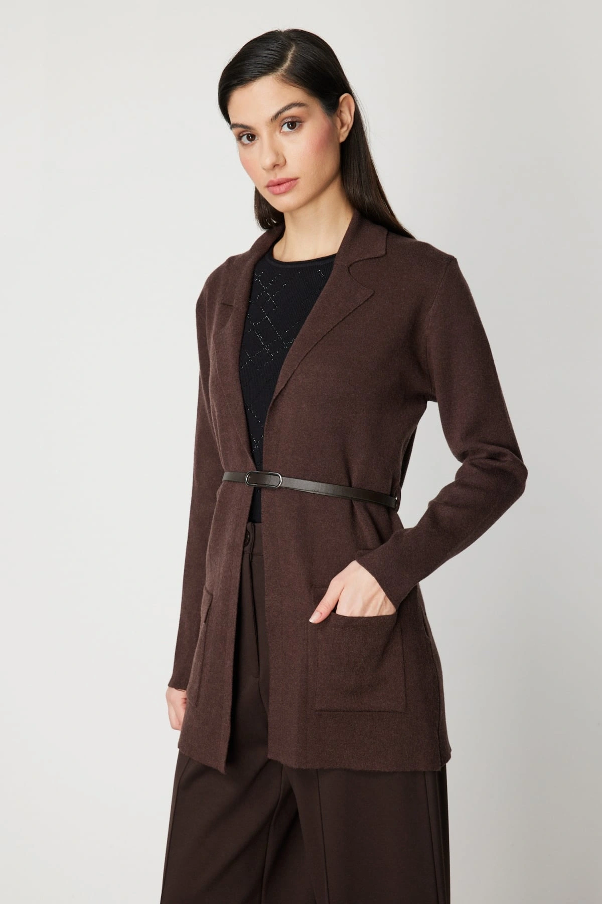 On Fashion Kadın Önü Açık Cepli Kemerli Kahverengi Hırka 69907