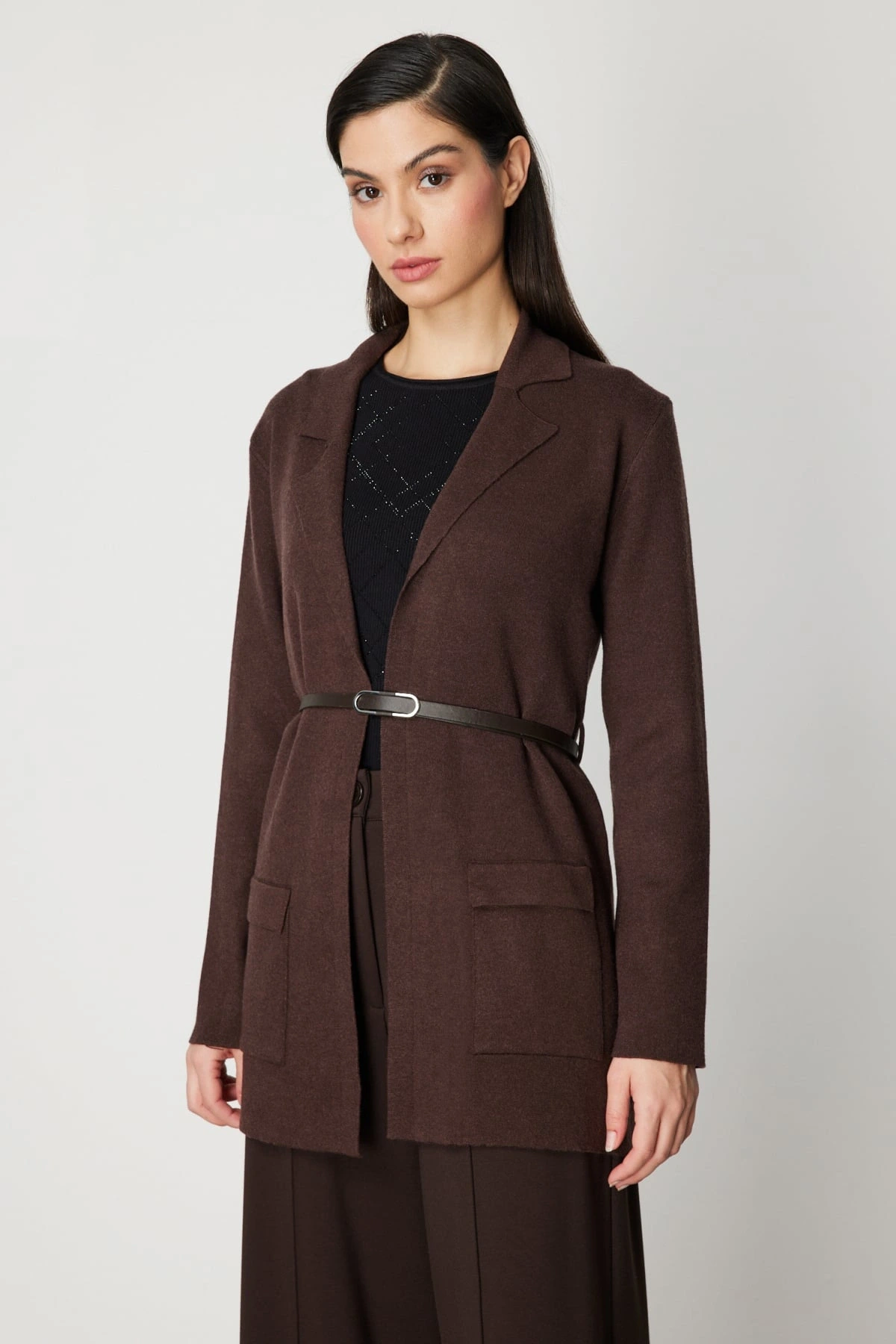 On Fashion Kadın Önü Açık Cepli Kemerli Kahverengi Hırka 69907