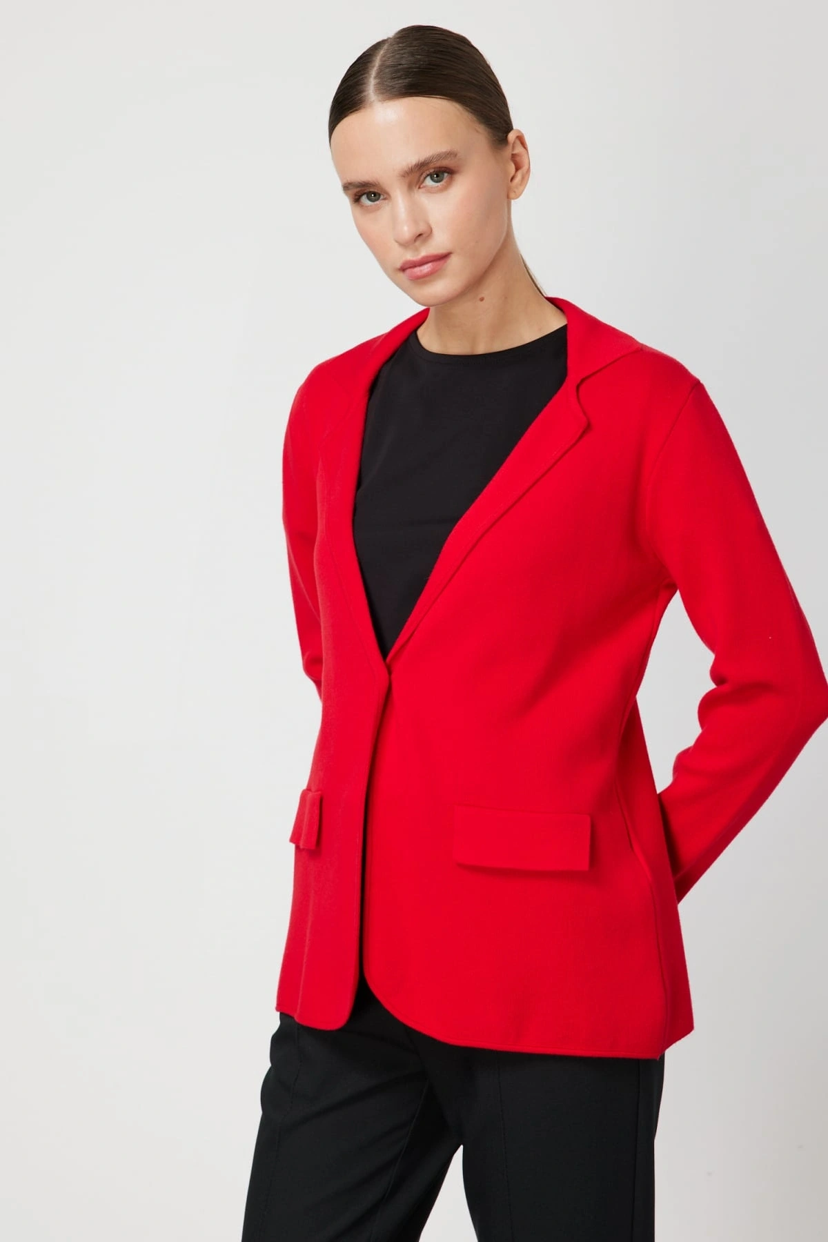 On Fashion Kadın Düğmeli Ceket Yaka Triko Kırmızı Hırka 63926