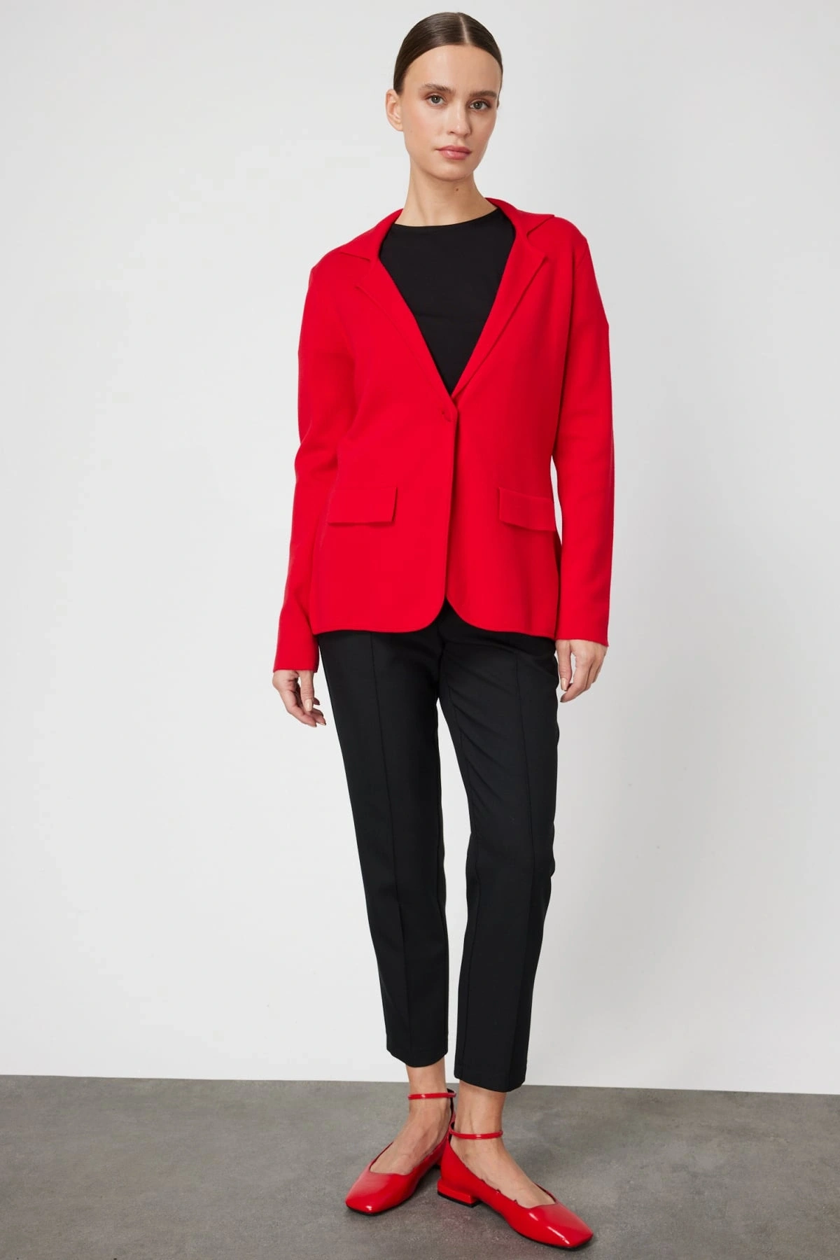 On Fashion Kadın Düğmeli Ceket Yaka Triko Kırmızı Hırka 63926