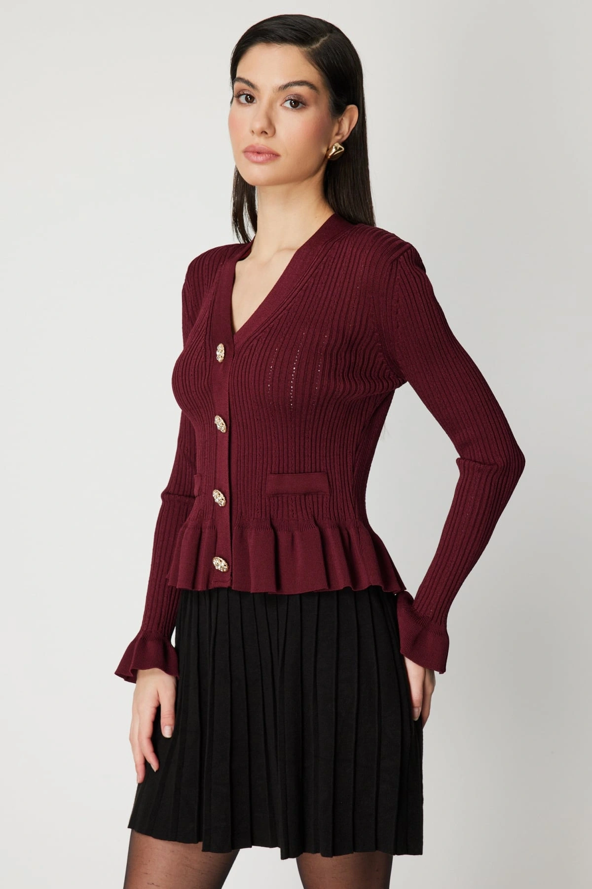 On Fashion Kadın Vatkalı Bele Oturan Bordo Hırka 69905