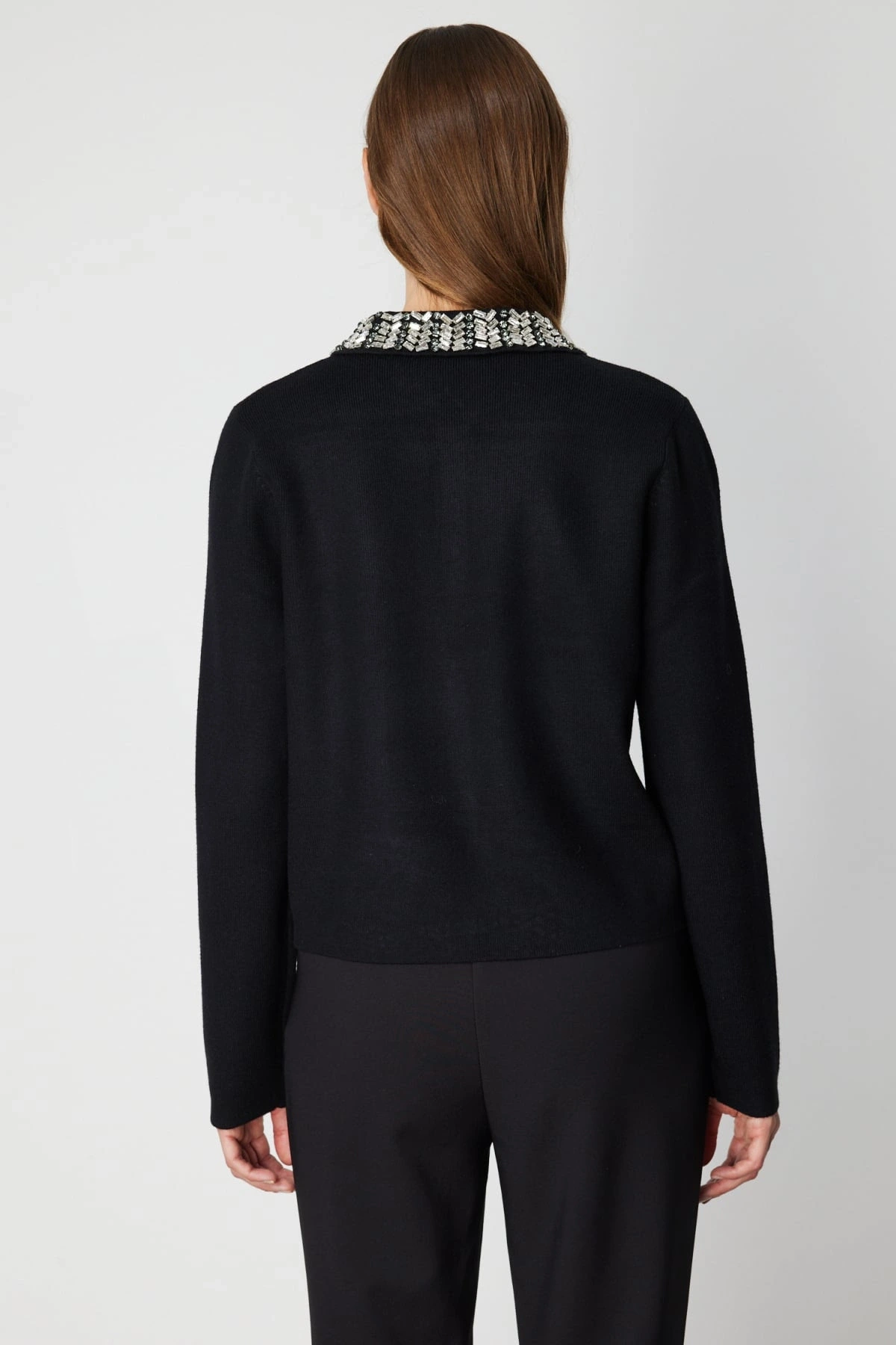 On Fashion Kadın Yakası Taş İşlemeli Torba Cepli Triko Siyah Hırka 60907